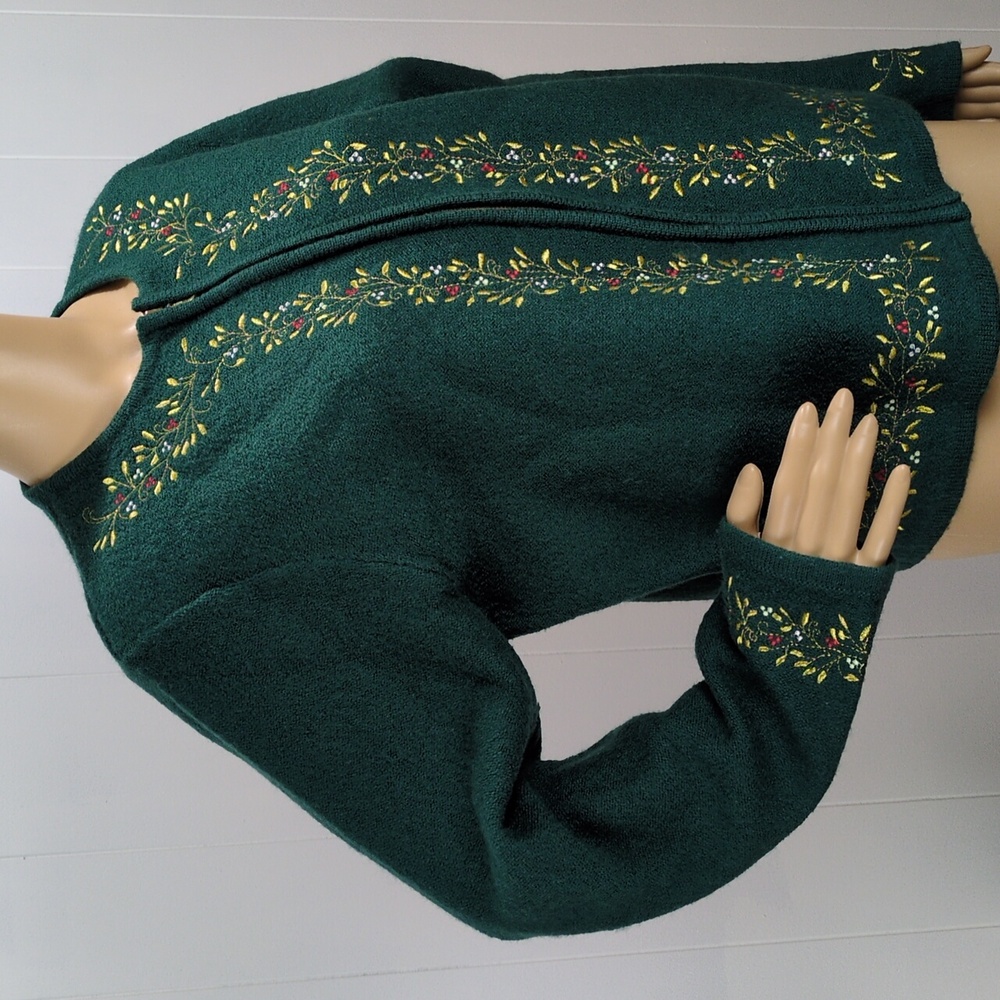 Wool Green Embroidered Zip-Up Cardigan Large